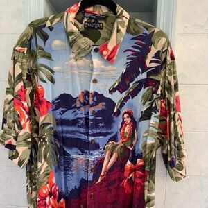 NWOT NAUTICA MENS TALL LARGE  HAWAIIAN SHIRT ~ Hula Girls, Volcanoes+ Palm Trees